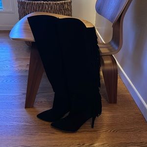 Aquazzura black suede fringe boots knee-high size 35